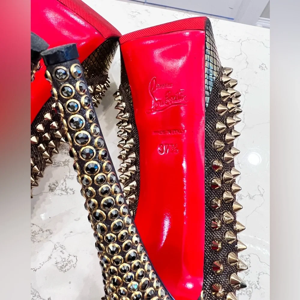 Rare Christian Louboutin Lady Peep Spikes Hematite/Bronze Strass 37.5 - Picture 11 of 15